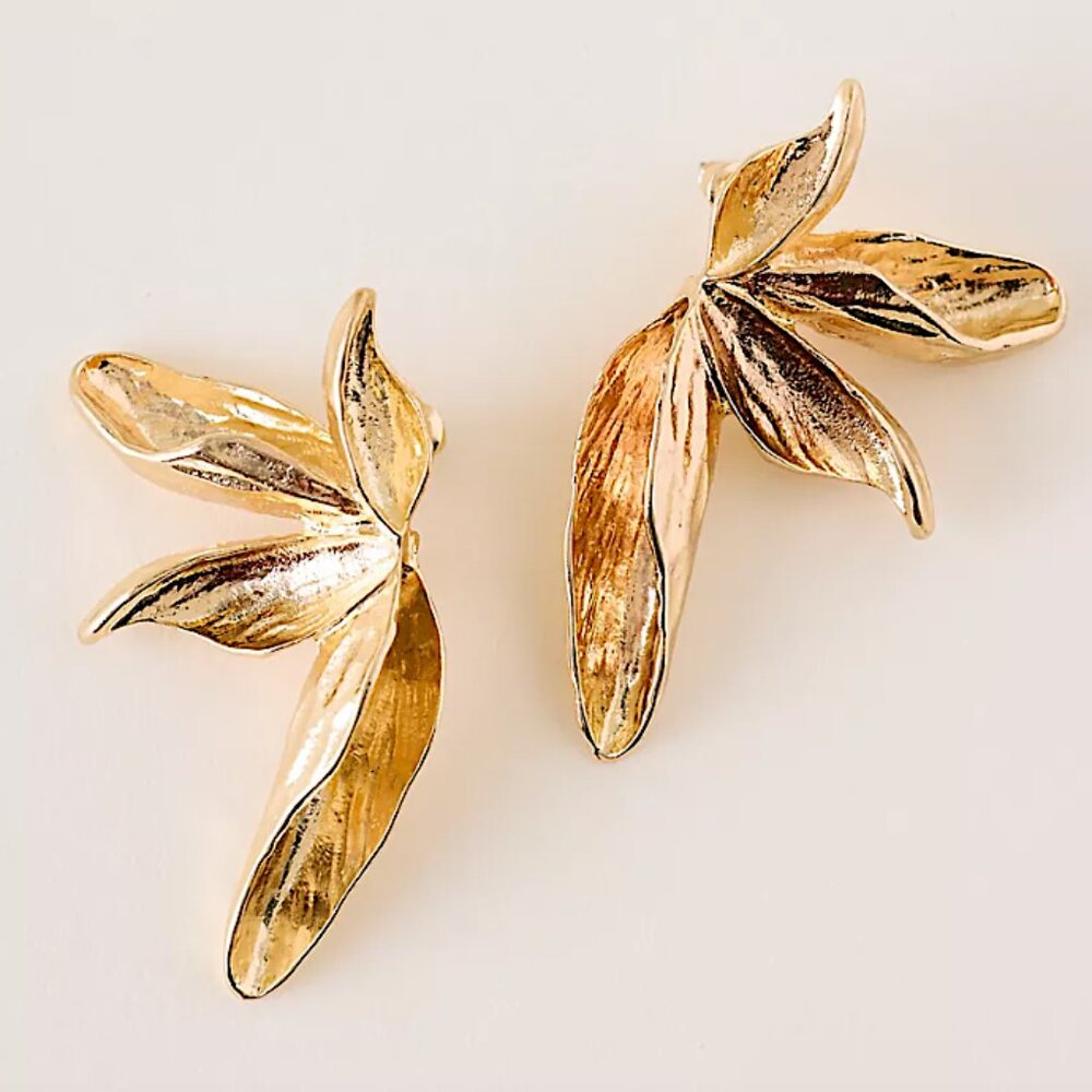 New ~ Anthropologie Long Flower Post Gold Earrings